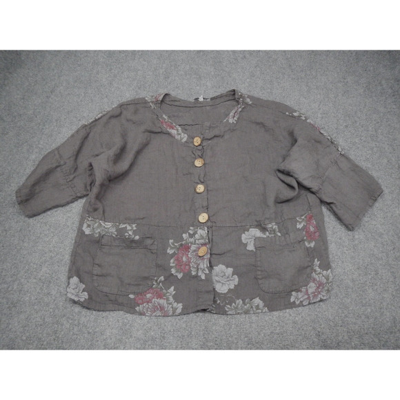 100% Lin Blanc Tops - 100% Lin Blanc Linen Blouse Top Women's Size 46 (US XL/2XL) Gray Floral Colorful